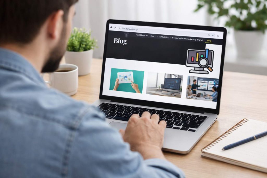 Persona leyendo el blog de TURM, agencia de marketing digital, en una computadora portátil.