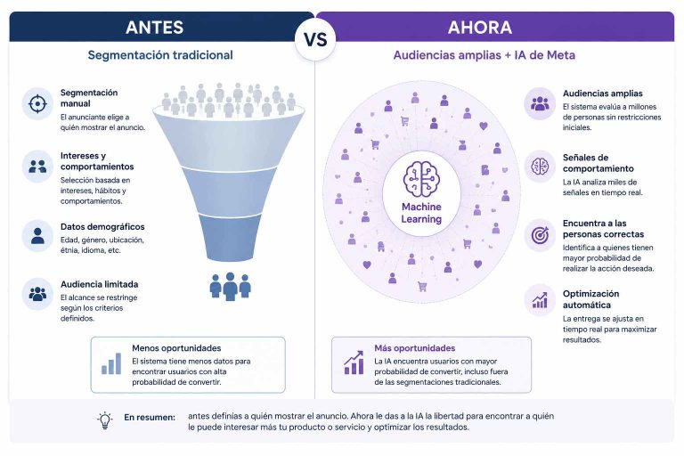 Comparación entre la segmentación tradicional en Meta Ads y las audiencias amplias impulsadas por inteligencia artificial para optimizar la entrega de anuncios y encontrar usuarios con mayor probabilidad de conversión.