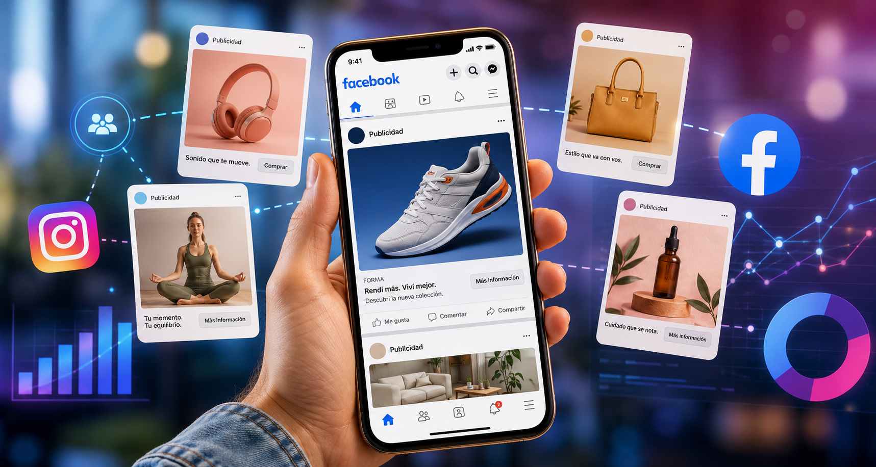 Ilustración de Meta Ads mostrando anuncios en Facebook e Instagram optimizados mediante inteligencia artificial, creatividad publicitaria y análisis de datos de comportamiento.