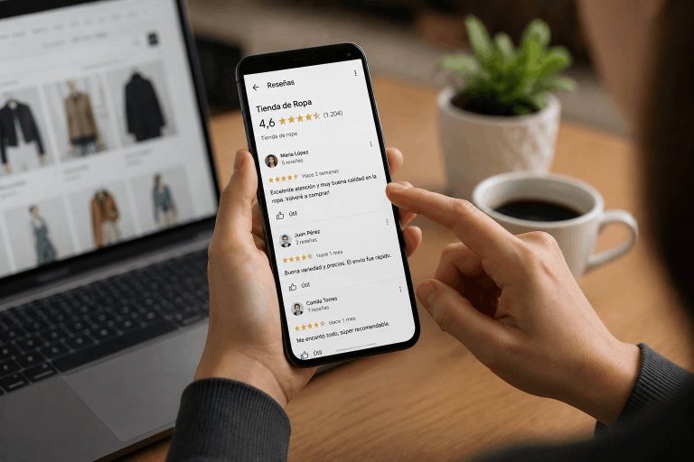 Consumidor evaluando opiniones y calificaciones de clientes para validar la confianza en una marca.