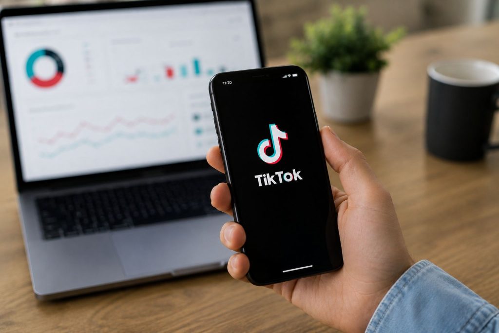 Smartphone con la aplicación de TikTok frente a un panel de analítica digital, representando el uso de inteligencia artificial para optimizar campañas de TikTok Ads.