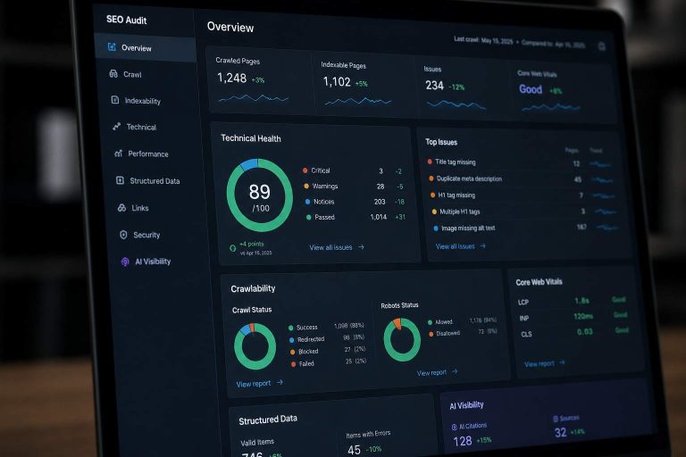 Interfaz de una auditoría SEO técnica con indicadores de rastreo, datos estructurados, Core Web Vitals y AI Visibility.