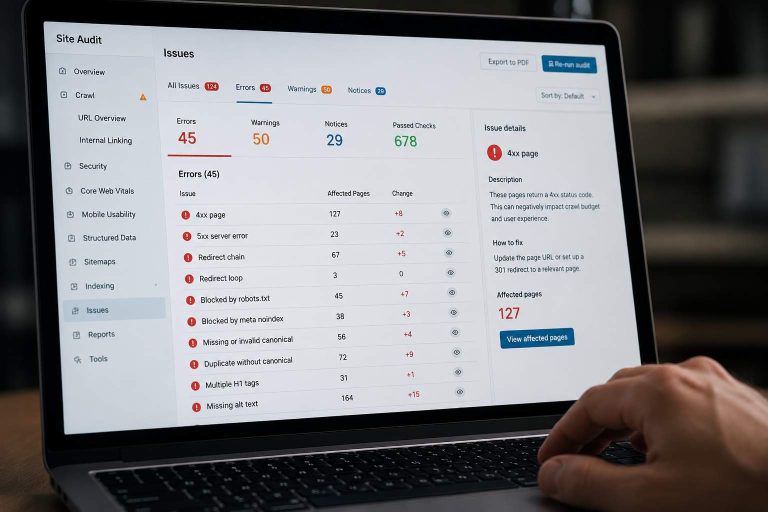 Pantalla con una auditoría SEO técnica que muestra errores de rastreo, indexación y configuración detectados en un sitio web.