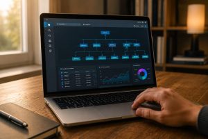 Notebook con un diagrama de arquitectura de un sitio web y métricas SEO, representando la optimización técnica para buscadores y plataformas de inteligencia artificial.