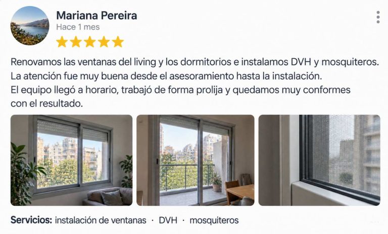 Ejemplo ilustrativo de una reseña de Google con cinco estrellas, descripción del servicio y fotos de ventanas instaladas.