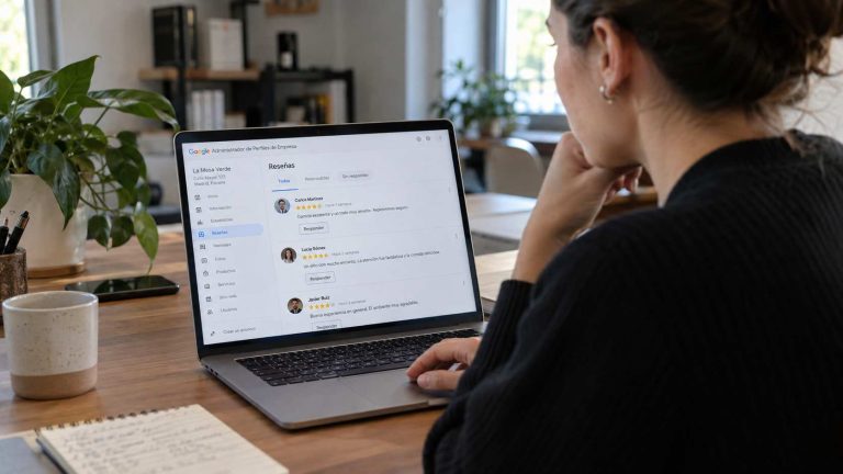Persona revisando y gestionando reseñas de clientes en el Perfil de Empresa de Google desde una notebook.