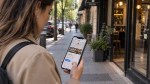 Persona consultando en Google Maps la ficha y las reseñas de un comercio local desde su celular.