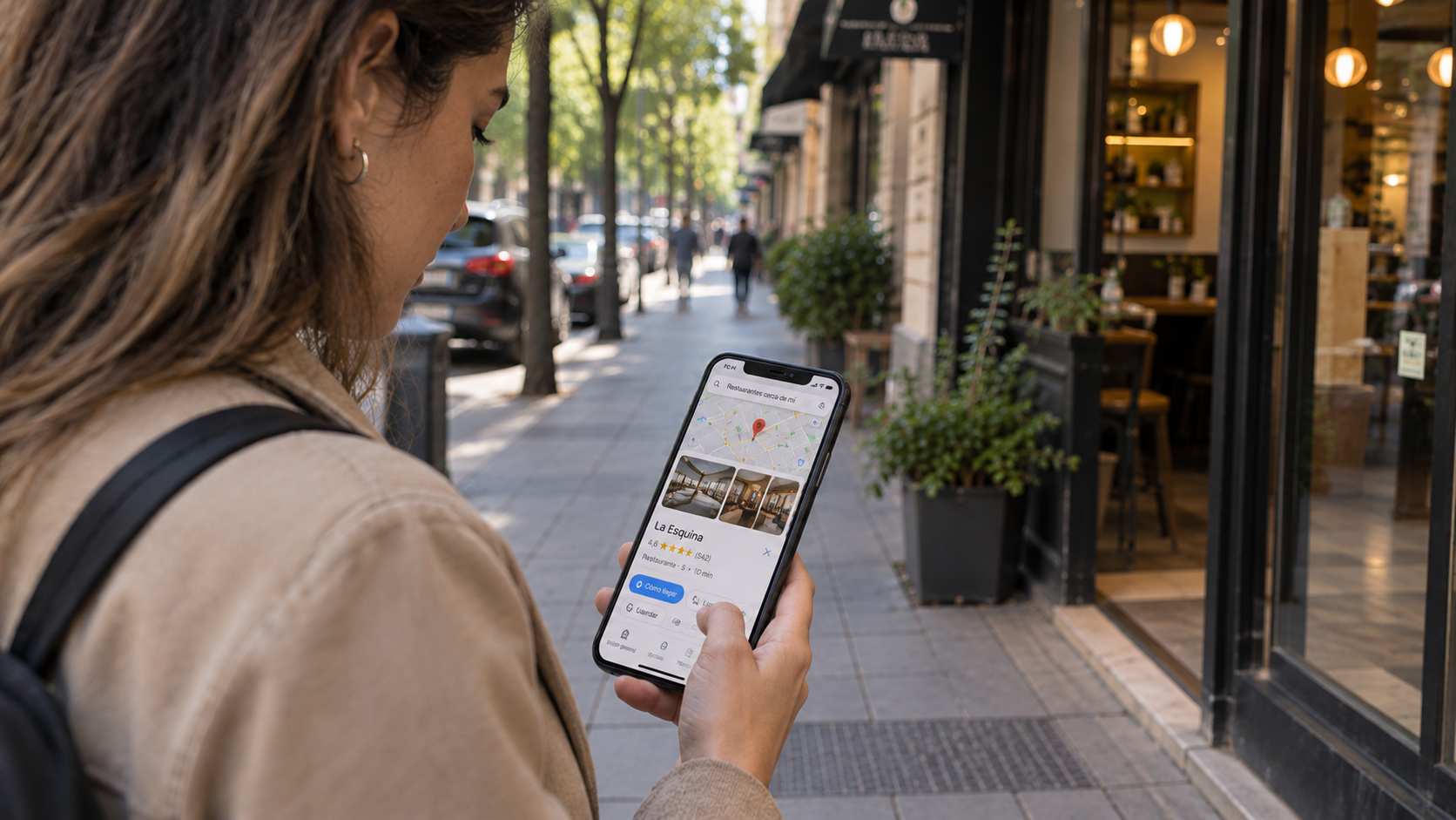 Persona consultando en Google Maps la ficha y las reseñas de un comercio local desde su celular.