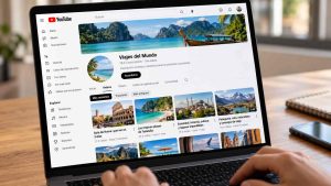Canal de YouTube de una agencia de viajes abierto en una notebook, con videos de destinos turísticos y contenidos organizados.