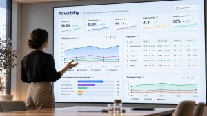 Persona presentando un panel de métricas de visibilidad en IA con datos de presencia, cuota de voz, sentimiento, posición y fuentes.