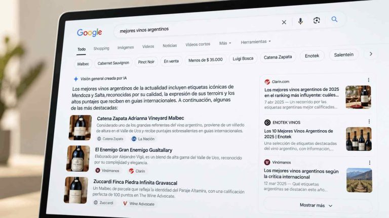 Interfaz de Google AI Overview con resultados sobre los mejores vinos argentinos.